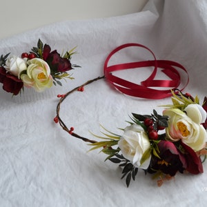 Burgundy flower crown Deep red Green floral crown Wedding set Bridesmaid Hair comb crown for bride