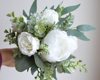 Small white bouquet Bridesmaids mimi faux bouquet Wedding flower girl bouquet Boho eucalyptus bouquet