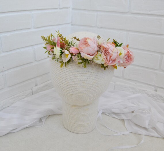 Blush Peony Flower Crown Peach Blush Flower Crown Pale Blush Half Side Floral Crown  main image 3