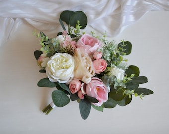 Blush pink eucalyptus wedding Bouquet White pink bouquet Bridal Boho bouquet Outdoor wedding faux bouquet Silk flowers