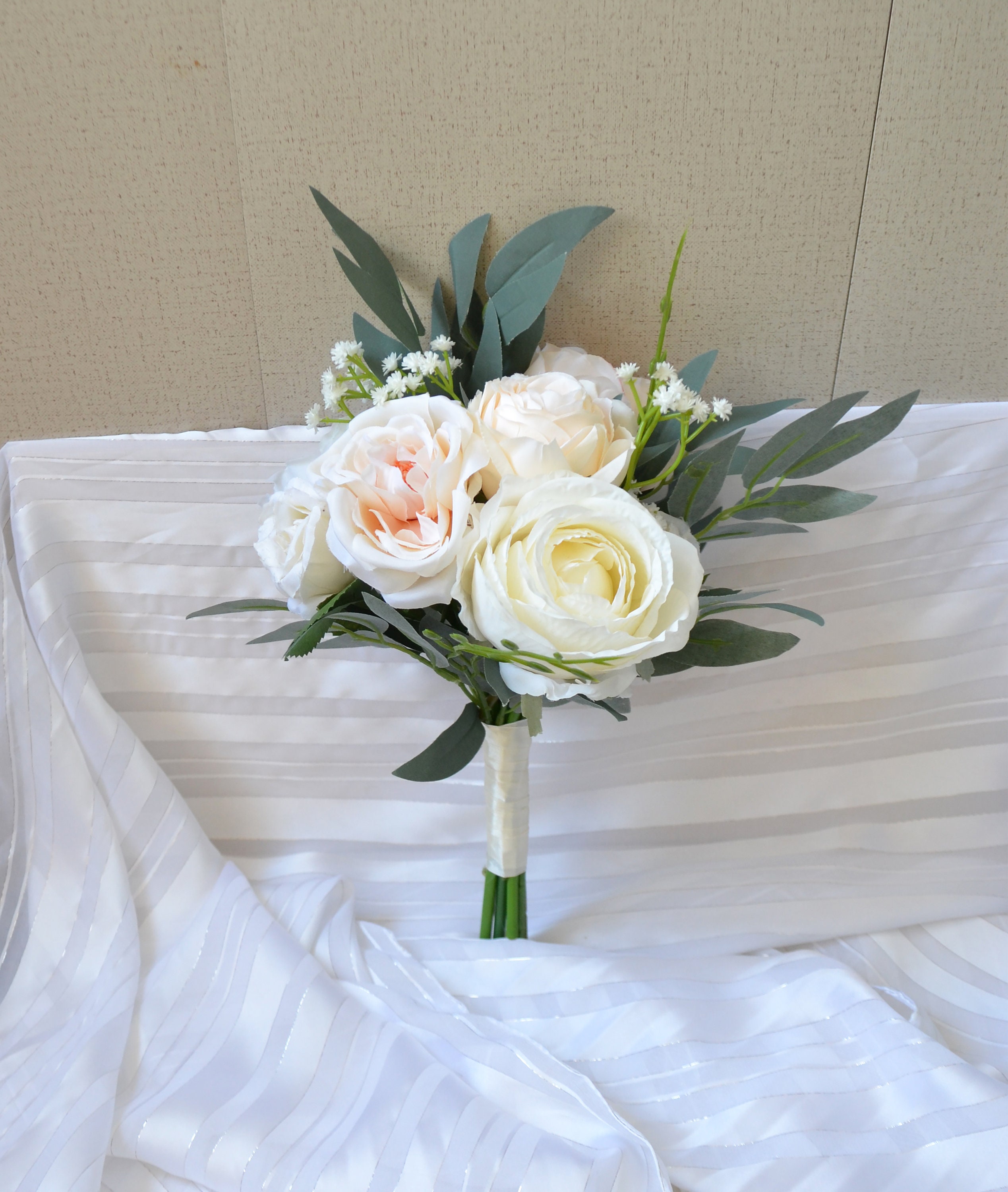 White Rose & Peony Wedding Bouquet W Baby's Breath, White Flower N Lamb's  Ear Bouquet, White Bridal N Bridesmaid Silk Flower Bouquet Wedding 