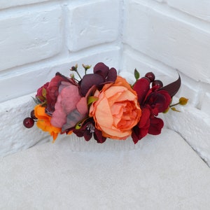 Burgundy rust flower comb Orange floral comb Red orange Bridal flower comb Large Terracota flower hairpiece