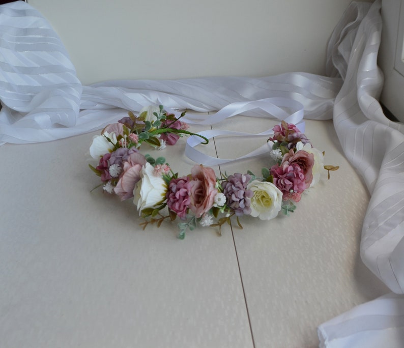 Pink Purple White Flower crown Pastel Floral crown Wedding Headpiece Rose Winter Floral crown Girl Hair piece