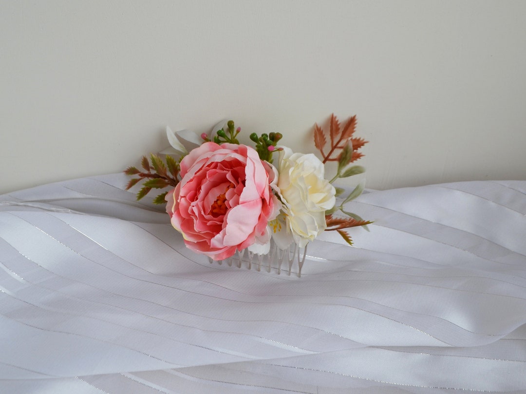 Pink White Flower Comb Small Floral Comb Peony Hairpiece Bridesmaids ...