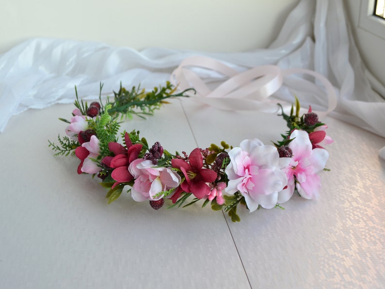 Woodland Flower crown Rustic Wedding Headpiece Burgundy blush pink Hairpiece Bridesmaid crown Greenery crown Maroon Bridal Flower crown
