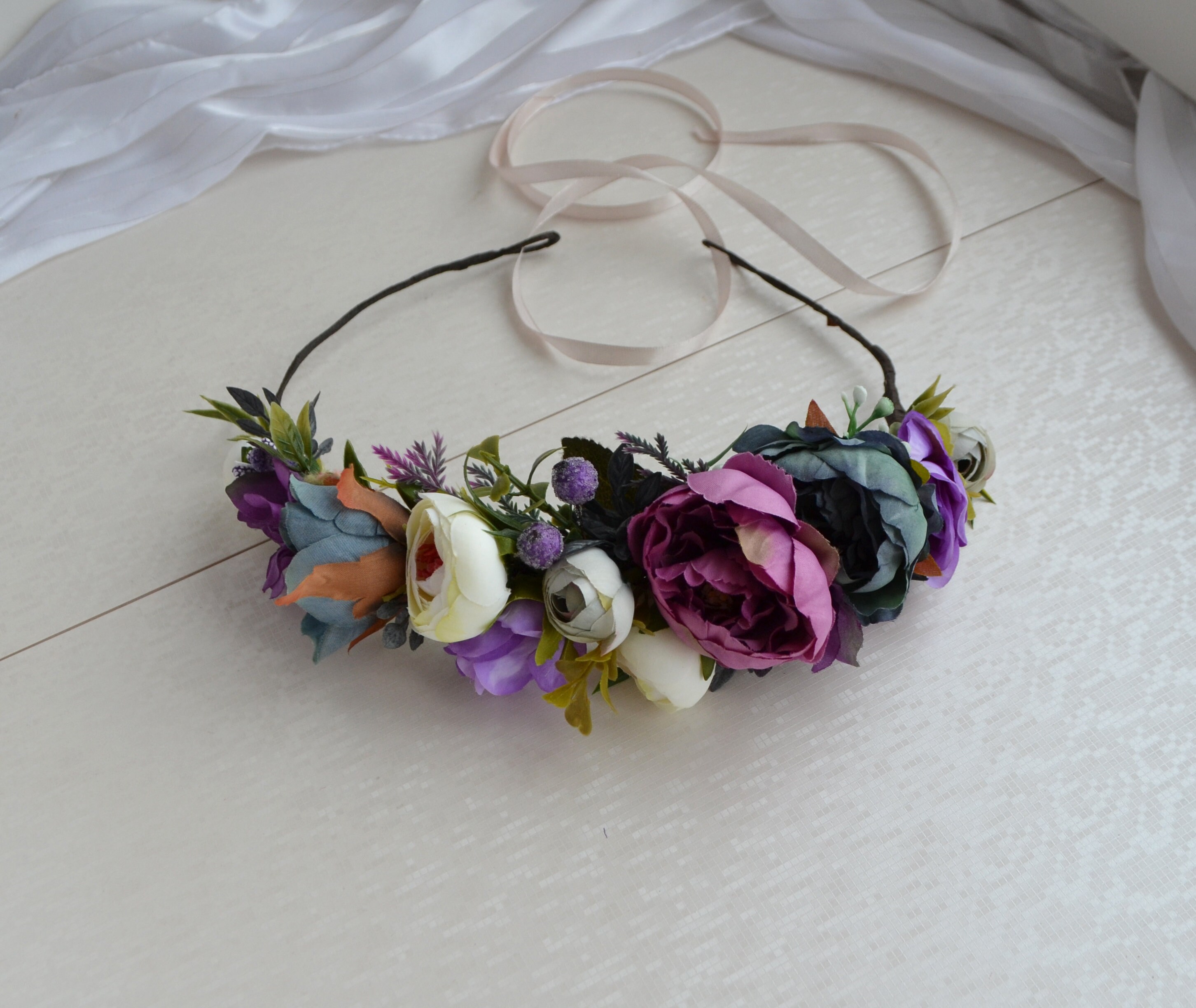 Purple Dusty Blue Ivory Flower Crown Small Bright Floral Crown Etsy