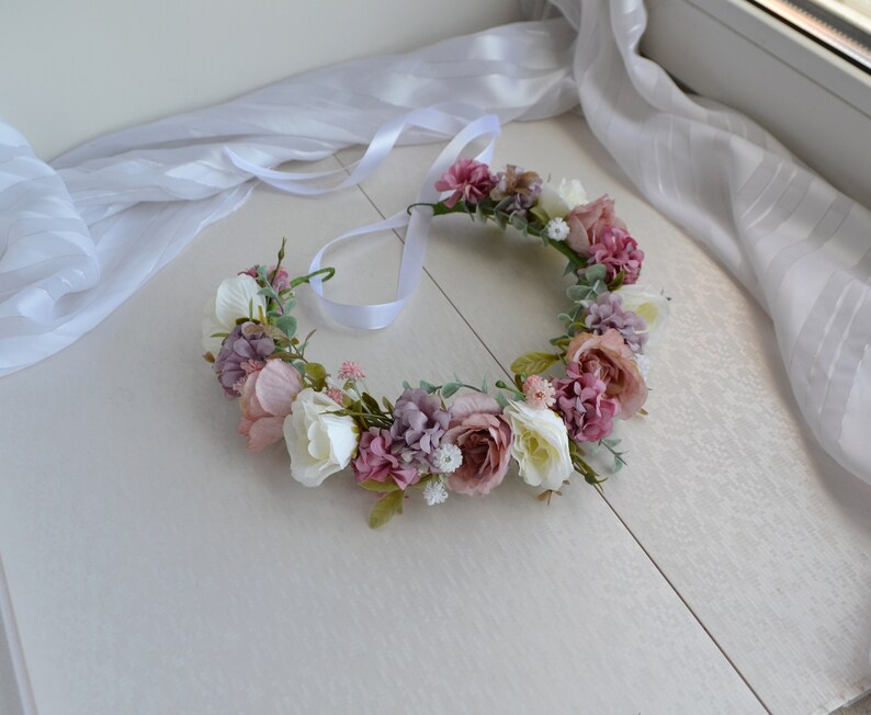 Pink Purple White Flower crown Pastel Floral crown Wedding Headpiece Rose Winter Floral crown Girl Hair piece