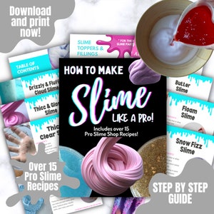 Könnte beinhalten: Ein farbenfroher digitaler Download-Leitfaden zum Herstellen von Schleim, mit einem rosa Schleimklumpen und dem Text "Wie man Schleim wie ein Profi macht!" mit über 15 Profi-Schleim-Shop-Rezepten. Der Leitfaden enthält ein Inhaltsverzeichnis mit verschiedenen Schleimrezepten, wie z. B. Drizzly & Fluff Cloud Slime, Thicc & Gloss Slime und Snow Fizz Slime.
