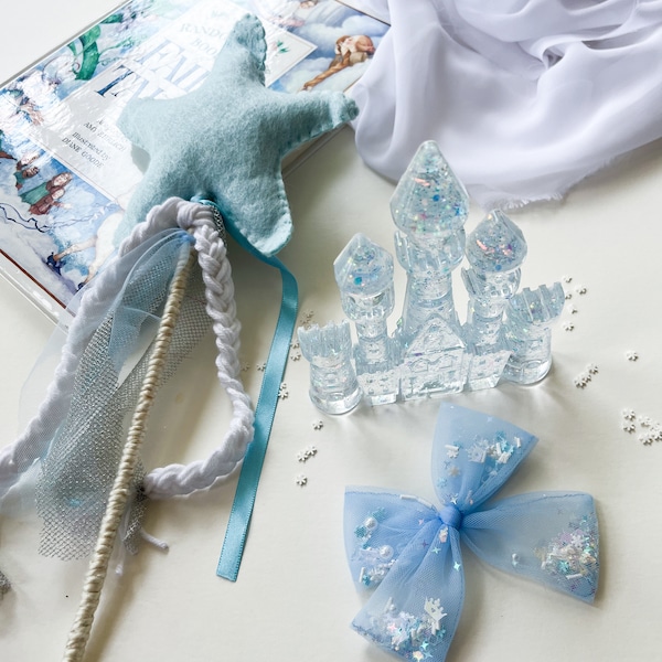 Blue Snow Queen Princess Gift Set, Blue Princess Magic Fairy Wand, Princess Gift Set, Resin Fairytale Castle, Princess Shaker Bow