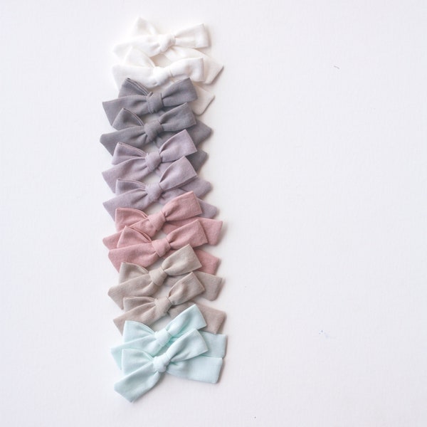 Neutral Linen and Organic Cotton Small Pigtail Clip Bows/ Pigtail Bow Sets and Newborn Headbands