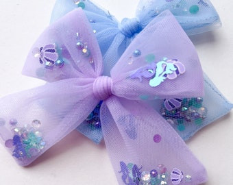 Girls Purple and Blue Mermaid Shaker Tulle Hair Bow, Sparkle Sprinkle Seashell Hair Bow
