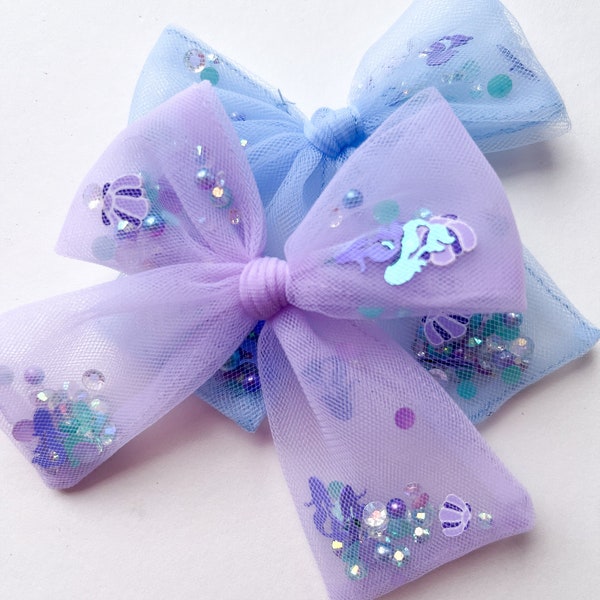 Girls Purple and Blue Mermaid Shaker Tulle Hair Bow, Sparkle Sprinkle Seashell Hair Bow