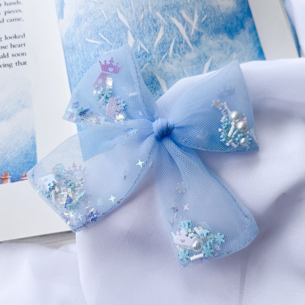 Snow Queen Blue Princess Shaker Sparkle Confetti Filled Tulle Haie Bow, Princess of the Month Bow