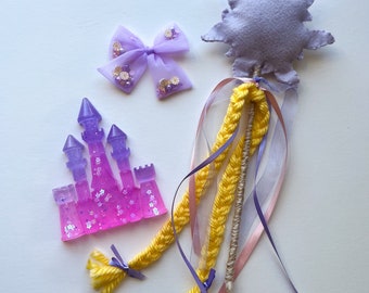 Conjunto de regalos de princesa púrpura, varita mágica de hadas de princesa púrpura, conjunto de regalos de princesa, castillo de cuento de hadas de resina, arco de princesa shaker