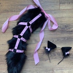Black Kitten Ears and Tail Set Faux Fur Kitten Cosplay Anime Neko Ears Headband and Tail with Harness