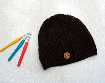 Brown wool Winter hat for man, Gift for Father&#39;s day, Crochet hat, Knitting mens beanie hat, Gift for skier, Winter beanie hat, Gift for man