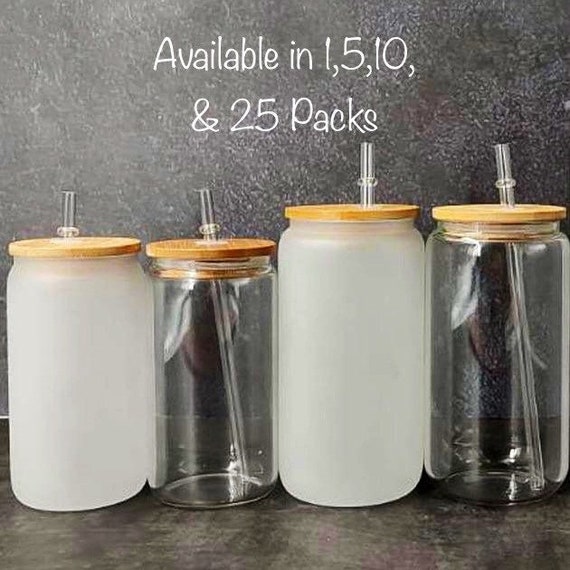 25Pack 16oz Sublimation Frosted Clear Glass Jar with Bamboo Lids and  Plastic Straw