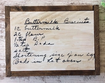 Handwritten Recipe Buttermilk Biscuits Sign / primitive sign/ farmhouse kitchen Wood Signs / Farmhouse Sign old recipe