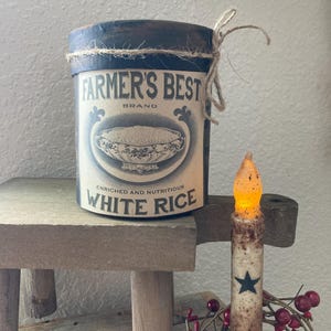 Primitive white rice kitchen canister, butter canister/ primitive kitchen jar