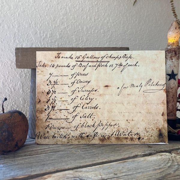 Primitive winter 1700s soup recipe  print on canvas / primitives/ primitive kitchen  / vintage kitchen