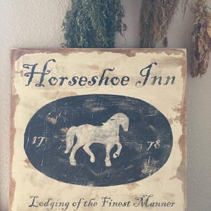 Primitive tavern sign horseshoe inn/ colonial sign Inn sign / Pineapple inn  sign/ vintage dining room sign/ rustic kitchen sign