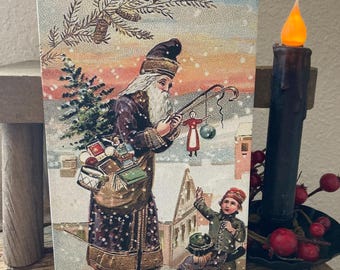 Toile primitive du père Noël/ Père Noël primitif/ Impression d'hiver primitif sur toile/ primitifs/ Noël victorien