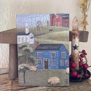 Primitive Saltbox home with sheep  print on canvas / primitives/ primitive kitchen  / vintage kitchen