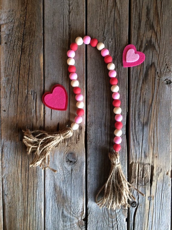 Valentines Day Wood Bead Garland/ Wood Bead Garland Farmhouse Decor / Wooden  Bead Garland Tiered Tray Valentines Day Decor 