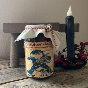 primitive cracker jacks jar/ summer distressed kitchen jar/ July 4 primitive decor primitive tiered tray/ grubby jar