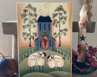 Primitive Saltbox home with sheep  print on canvas / primitives/ primitive kitchen  / vintage kitchen