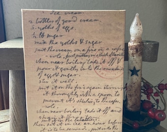 Primitive 1700s Thomas Jefferson ice cream recipe  print on canvas / primitives/ primitive kitchen  / vintage kitchen/ primitive summer