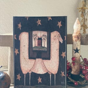 Primitive sheep with  Saltbox home print on canvas / primitives/ primitive kitchen  / vintage kitchen