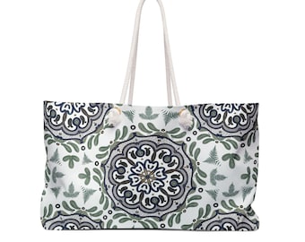 Blue Green Medallion Pattern Weekender Bag | Tile Inspired Travel Tote