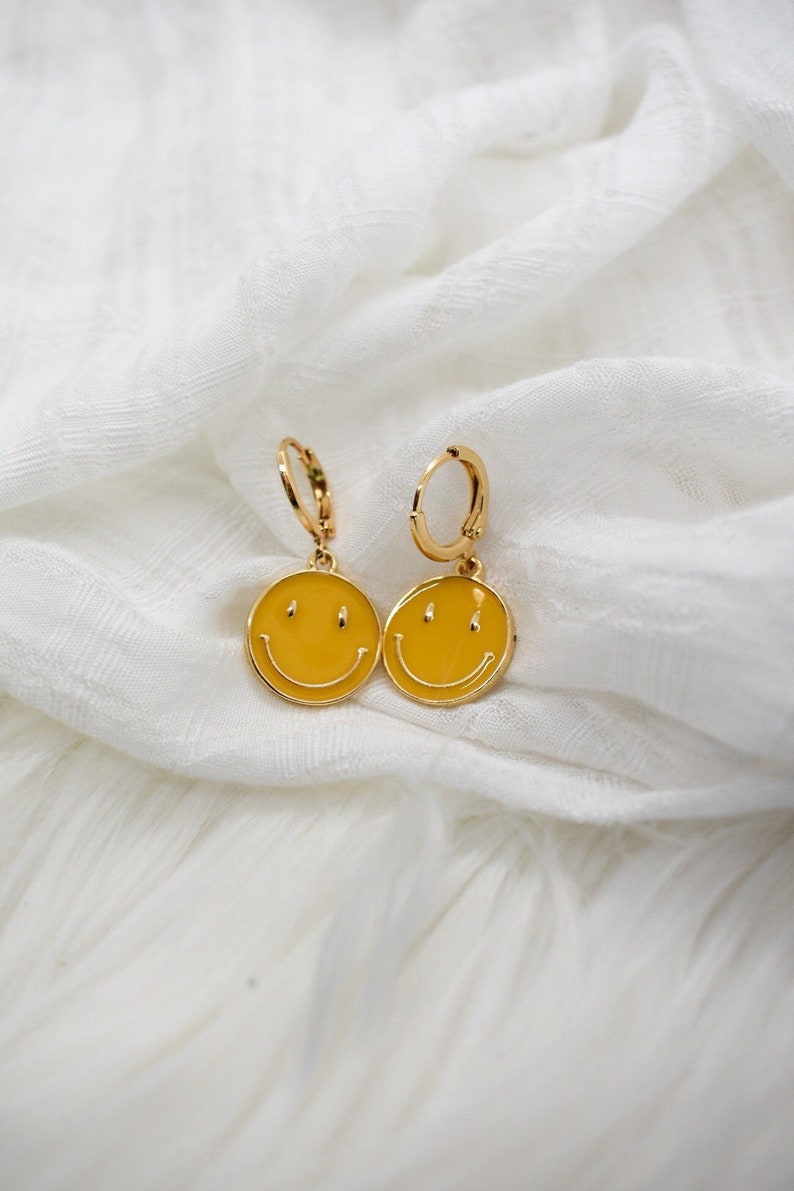 Smiley Face Earrings, Happy Face Jewelry, Yellow Smiley Face Earrings, Smiley Face Huggies, Smiley Face Jewelry, Smiley Face Huggies image 1