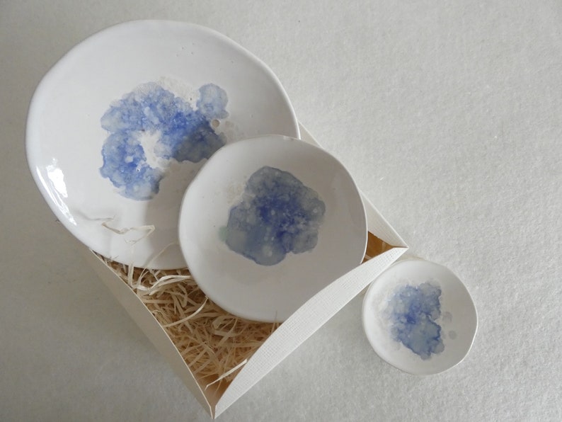 Set of 3 ceramic jewelry bowls aquamarine image 1