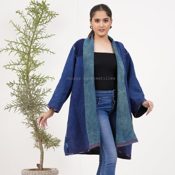 FREE SIZE LONG reversible Vintage indigo Kantha Jacket, Kantha vest, Vintage kantha Coat, womens jacket, winter dress, robe