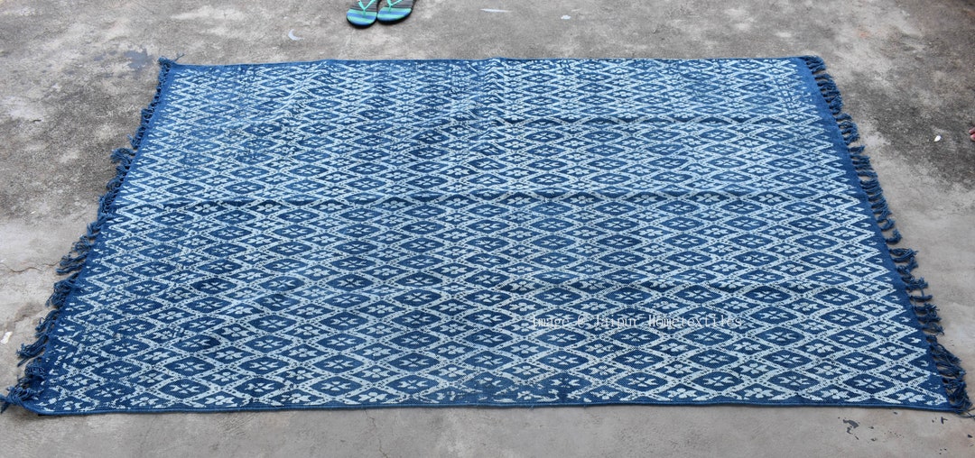 Indigo Block Printed Cotton Dhurrie Rug, 4x6 Ft, Handmade Indian Rug - Etsy