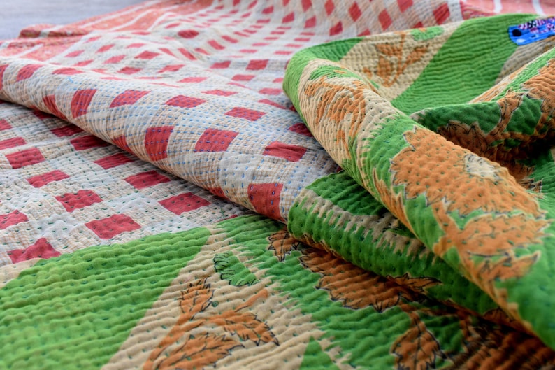 Indian Twin Kantha Quilt Vintage Bedspread Throw Cotton Blanket Gudari Decor