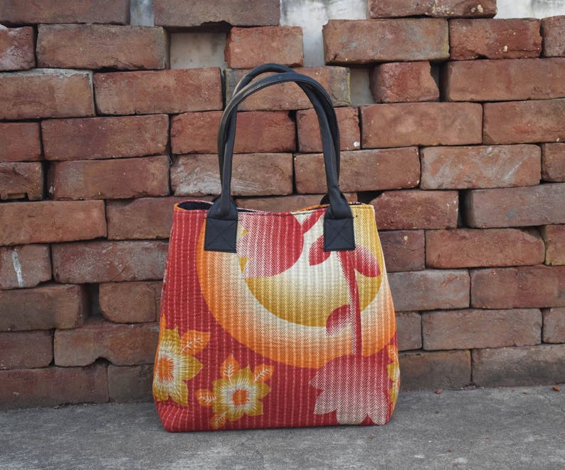 indian bag one of a kind bag Vintage Cotton kantha Tote bag with leather handle Hand Embroidery antique gudari