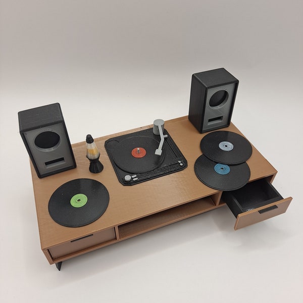1970s Style Record Player Diorama w/ Speakers, Lava Lamb on Table Sliding Drawers