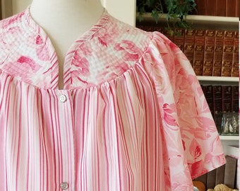 Vintage 1980s Lady Manhattan pink striped floral housedress with quilted yoke