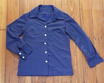 Vintage 1960s-1970s blue & white dot polyester knit blouse