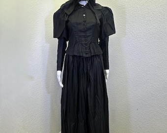 VTG 1890s Black Silk Mourning Victorian Gothic Bodice Skirt Bonnet