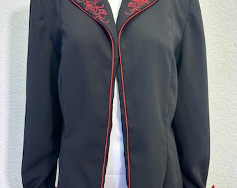 Womens Sz 14 Sag Harbor Black Red Embroidered Open Front Blazer