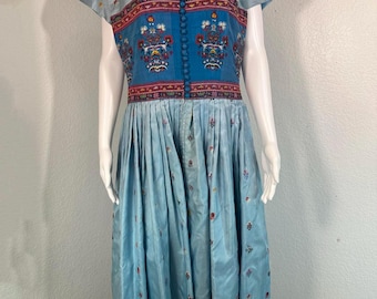 Vtg 1970s Sz M Silk Embroidered Gibson Bayh Pleated Folk Bohemian Peasant Dress