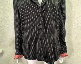 VTG Sz 16 Isaac Mizrahi Black Polka Dot Blazer Dark Academia Chic Pink Liner