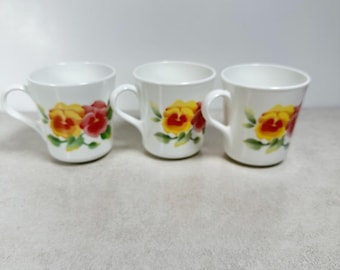VTG Corelle Corning Summer Blush Pansy Coffee Mugs Set of 3 USA
