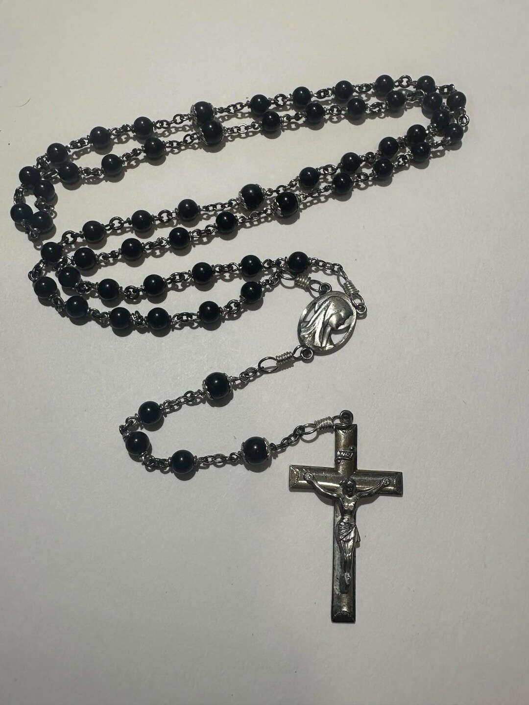 Vintage Catholic Creed Sterling Silver Rosary Black Beads Sacred Heart ...