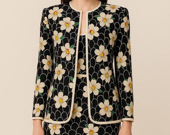 Emanuel Ungaro Parallele 8 Floral Skirt Suit Set Black White Vintage Italy