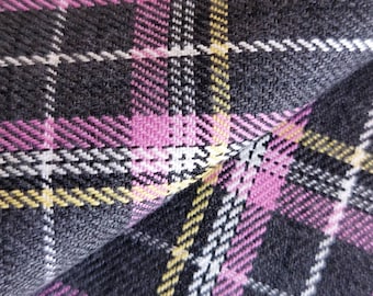 Charcoal & Lilac Pink Tartan Plaid Gabardine Fabric, Cotton Blend